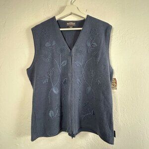 Woolrich Womens Walnut Hill Vest XL Lapis Blue Floral Embroidered Zip V-Neck New